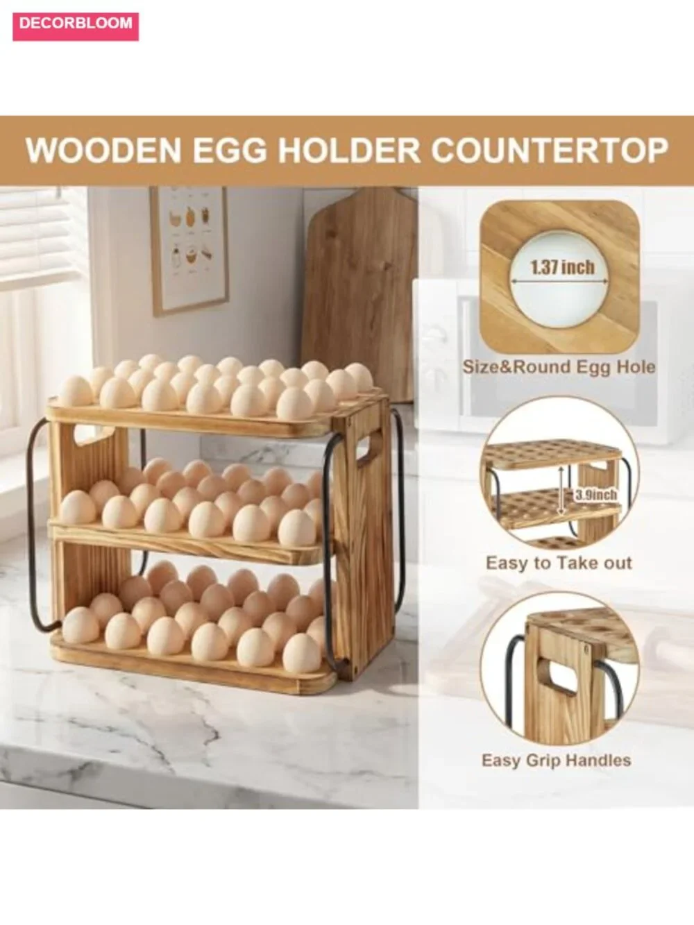 Wooden Egg Holder Countertop for Fresh Eggs with Handle - 3 Layer Stackable 90